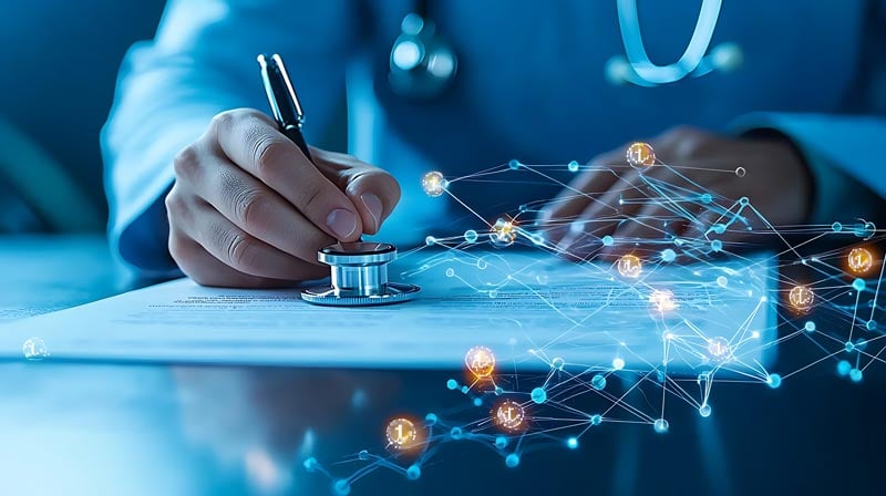 person-signing-health-insurance-document-with-stethoscope-background