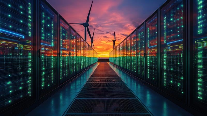 walkway-leads-through-row-data-servers-with-wind-turbines-background-sunset