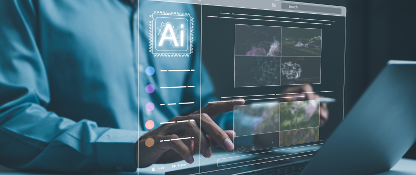 Engineer working on a laptop with AI and data analysis overlays, highlighting cloud platforms and digital technology solutions