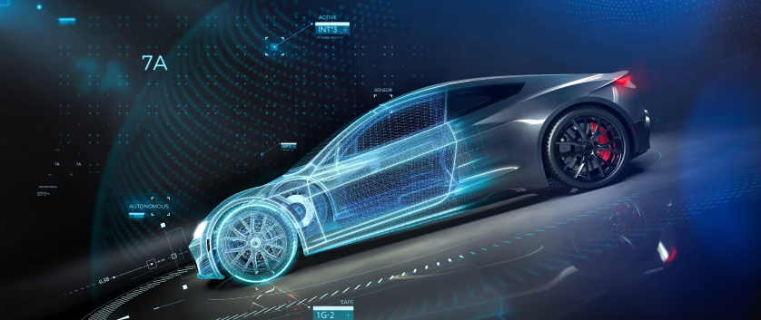 Digital blueprint of a modern car with technical overlays, showcasing vehicle engineering expertise.