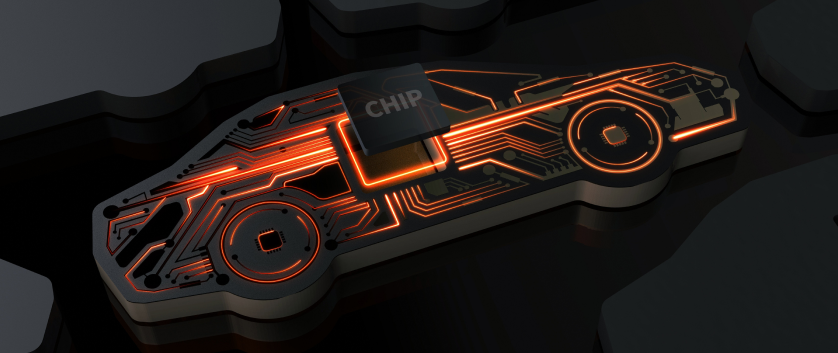 Digital blueprint of a modern car with an advanced chip