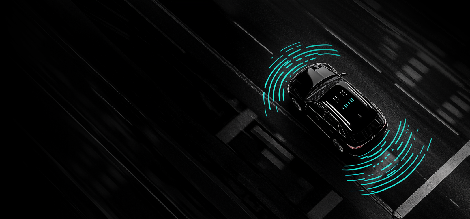A black car on a digital highway with connectivity signals, symbolizing connected mobility solutions.