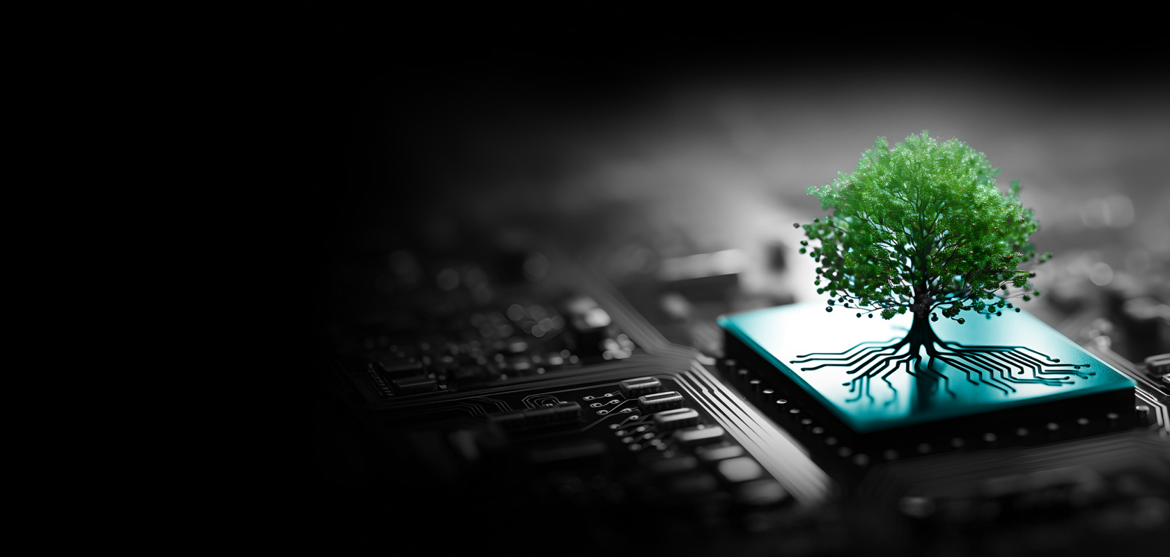 Tree on a semiconductor representing sustainability and technology