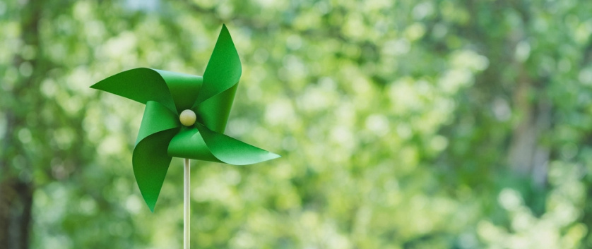Green pinwheel against a natural backdrop illustrating clean energy systems like hydrogen, carbon capture, and power-to-X technologies.