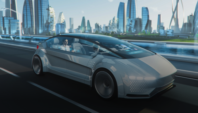 A futuristic autonomous vehicle driving in a smart city environment with glowing buildings in the background, highlighting innovative safety solutions.