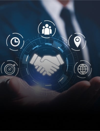 An illustration of a handshake overlaid with global network icons, signifying partnerships and collaboration.