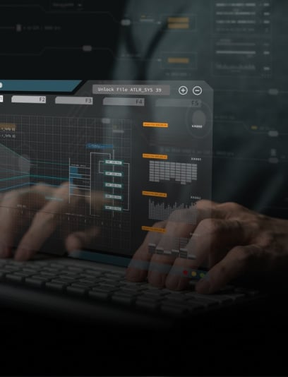 A close-up view of hands operating a high-tech dashboard interface showcasing advanced software solutions and data.