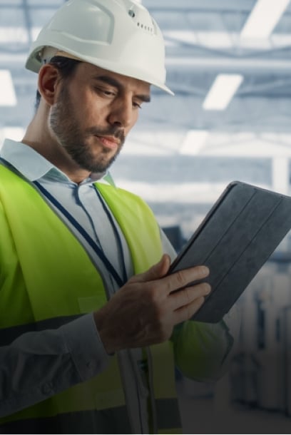 A man in safety gear analyzing data on a digital tablet, symbolizing industrial intelligence and smart solutions.