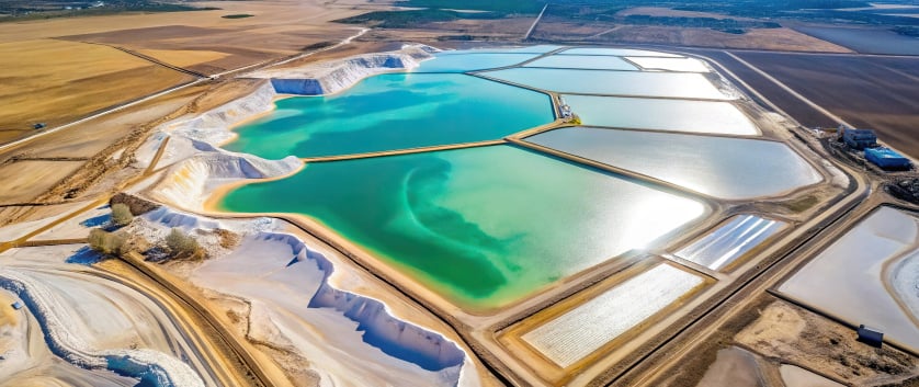 Aerial view of a sustainable mining facility with vibrant turquoise water ponds, highlighting modern consulting in mining operations.