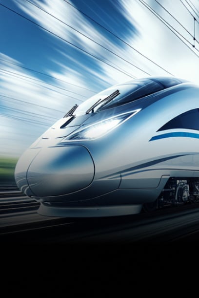 A high-speed train in motion, representing advanced rolling stock technology.