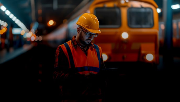 A technician in safety gear inspecting train components