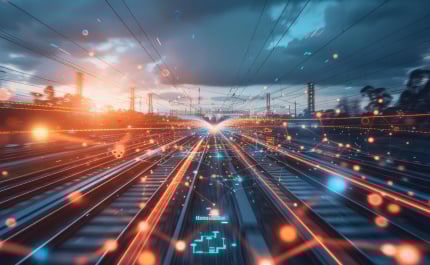 A futuristic view of railway tracks with AI-driven enhancements, highlighting contextual content delivery with GenAI.