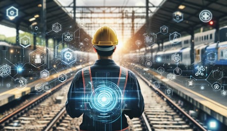 A railway engineer in a station, overlaid with digital connectivity icons, symbolizing IoT-driven smarter rail systems.