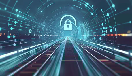 A futuristic digital rail network with a padlock icon, symbolizing cybersecurity solutions for rail systems.