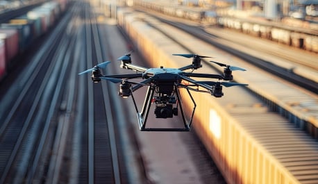A drone inspecting railway tracks, showcasing advanced image-based inspection technology.