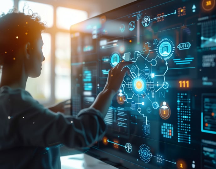 person interacting with a digital interface displaying interconnected icons representing digital transformation processes.