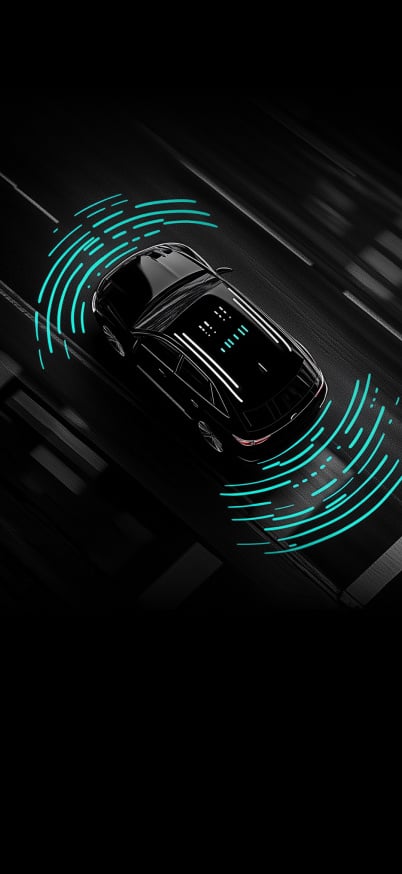 A black car on a digital highway with connectivity signals, symbolizing connected mobility solutions.