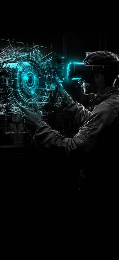 An Engineer wearing a virtual reality headset interacts with a glowing, blue digital holographic interface resembling a futuristic machine.