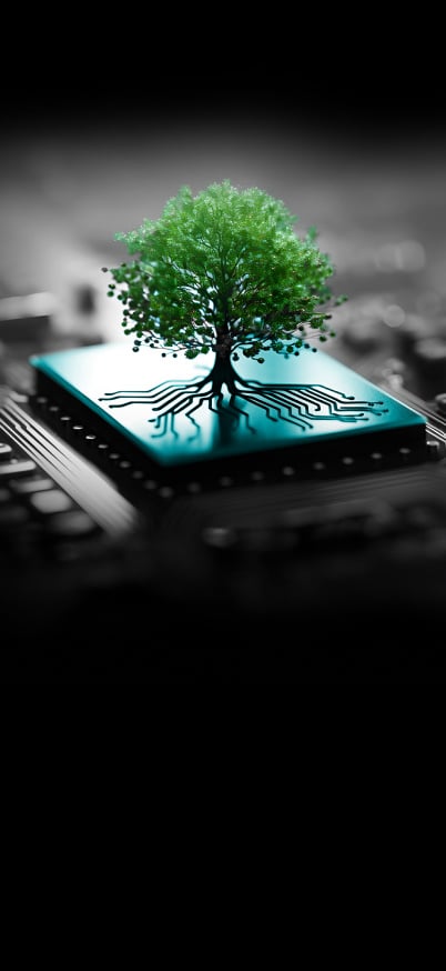 Tree on a semiconductor representing sustainability and technology