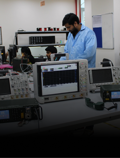 Scientists working with advanced communication systems in a high-tech lab