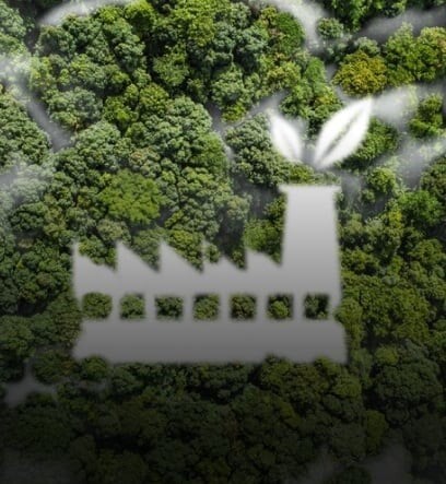 A dense forest seen from above, with a white factory silhouette emitting leaves instead of smoke, symbolizing Sustainability and eco-conscious operations.