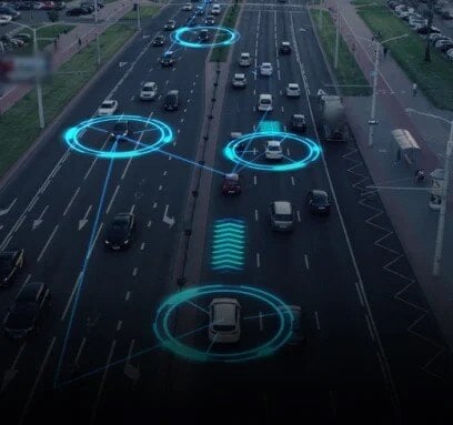 A busy urban highway with cars surrounded by glowing blue circular data overlays