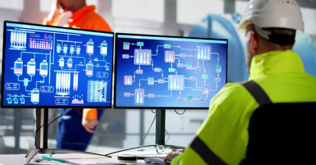 Engineer monitoring power generation equipment 