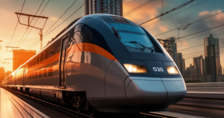 A high-speed train moving through an urban landscape at sunset, highlighting Cyient's role in modern rail systems.
