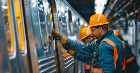 Engineers in safety gear inspecting a rail car door, representing operations and maintenance in the rail industry.