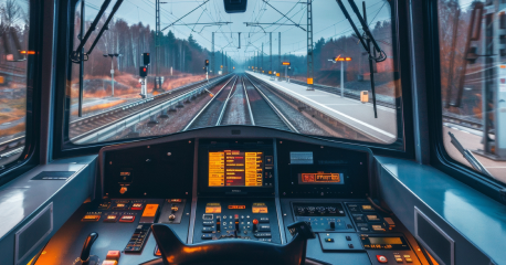 Interior view of a modern train cockpit, symbolizing advanced technology for secure rail journeys.