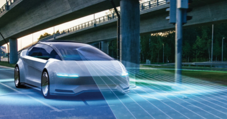 Featuring a futuristic car on a highway with advanced navigation overlays