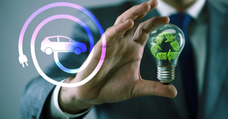 A hand holding a battery in a sustainable energy concept.
