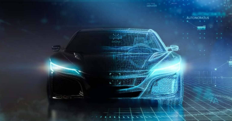 A glowing car with digital security overlays.