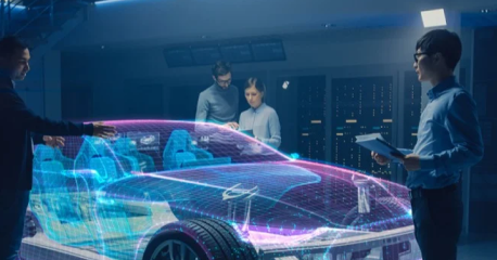 Engineers analyzing a virtual vehicle model