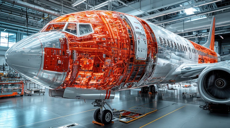 A stunning image of a Boeing 737 MAX cutaway, showcasing its intricate internal structure in a factory setting. The detailed view offers a unique insight into aviation technology.