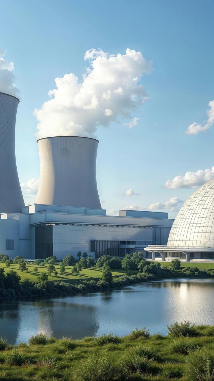 Nuclear Plant. The image shows a nuclear power plant with two cooling towers and a spherical containment dome.