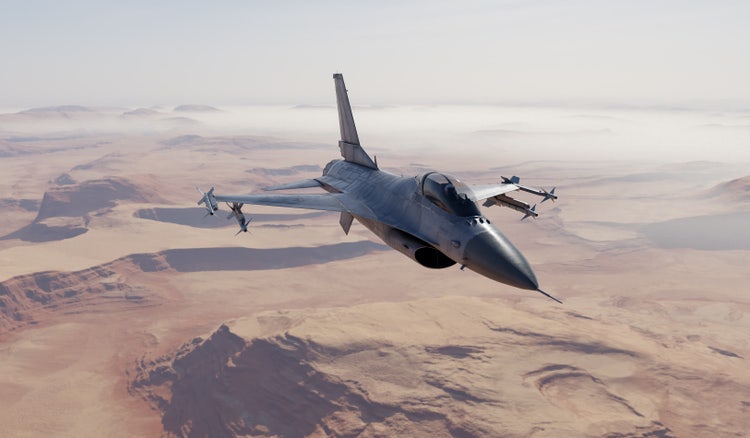 A sleek military fighter jet armed with missiles soars above a vast desert canyon landscape, 3d rendering.