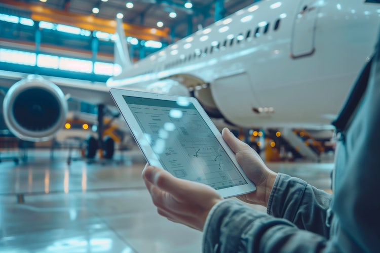 Tablet with a drawing in electronic form on a tablet in a worker&#39;s hands, development, production, assembly of air transport for a passenger aircraft.